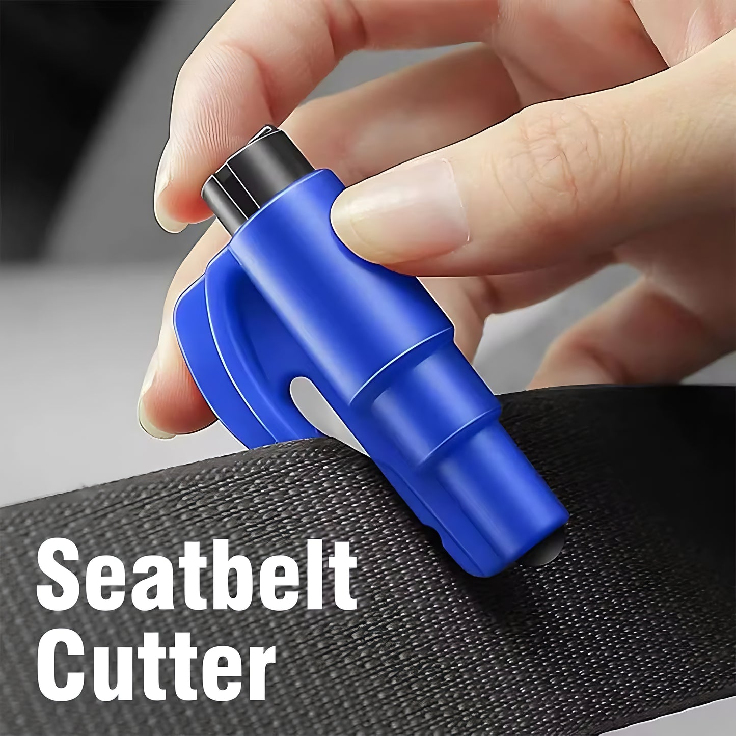 Blue seatbelt cutter held by a hand with text 'Seatbelt Cutter' on a blurred background