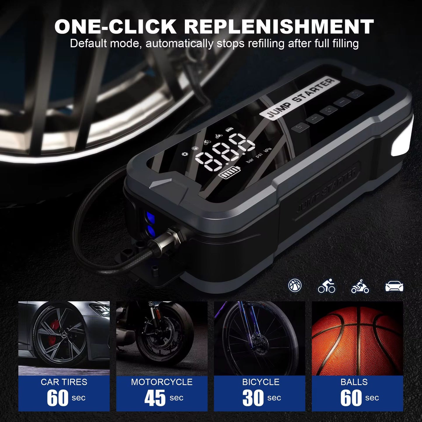 Multi-Function 4-in-1 Car Emergency Tool (Jump Starter, Air Pump, Power Bank, Flashlight)